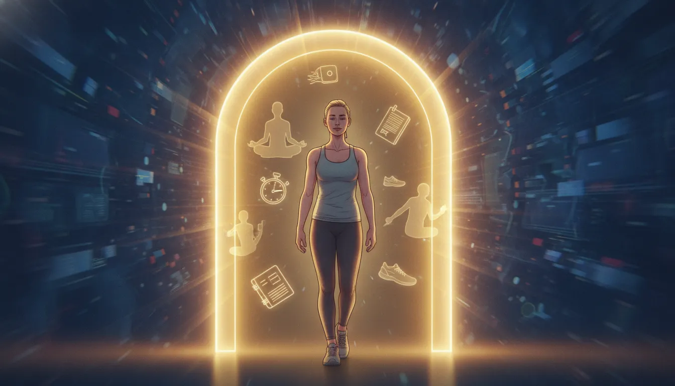 Persona che entra in un arco luminoso simbolico della concentrazione, sagome sfumate che suggeriscono routine e disciplina quotidiana, elementi stilizzati come taccuino e cronometro, luce calda interna su sfondo blu freddo