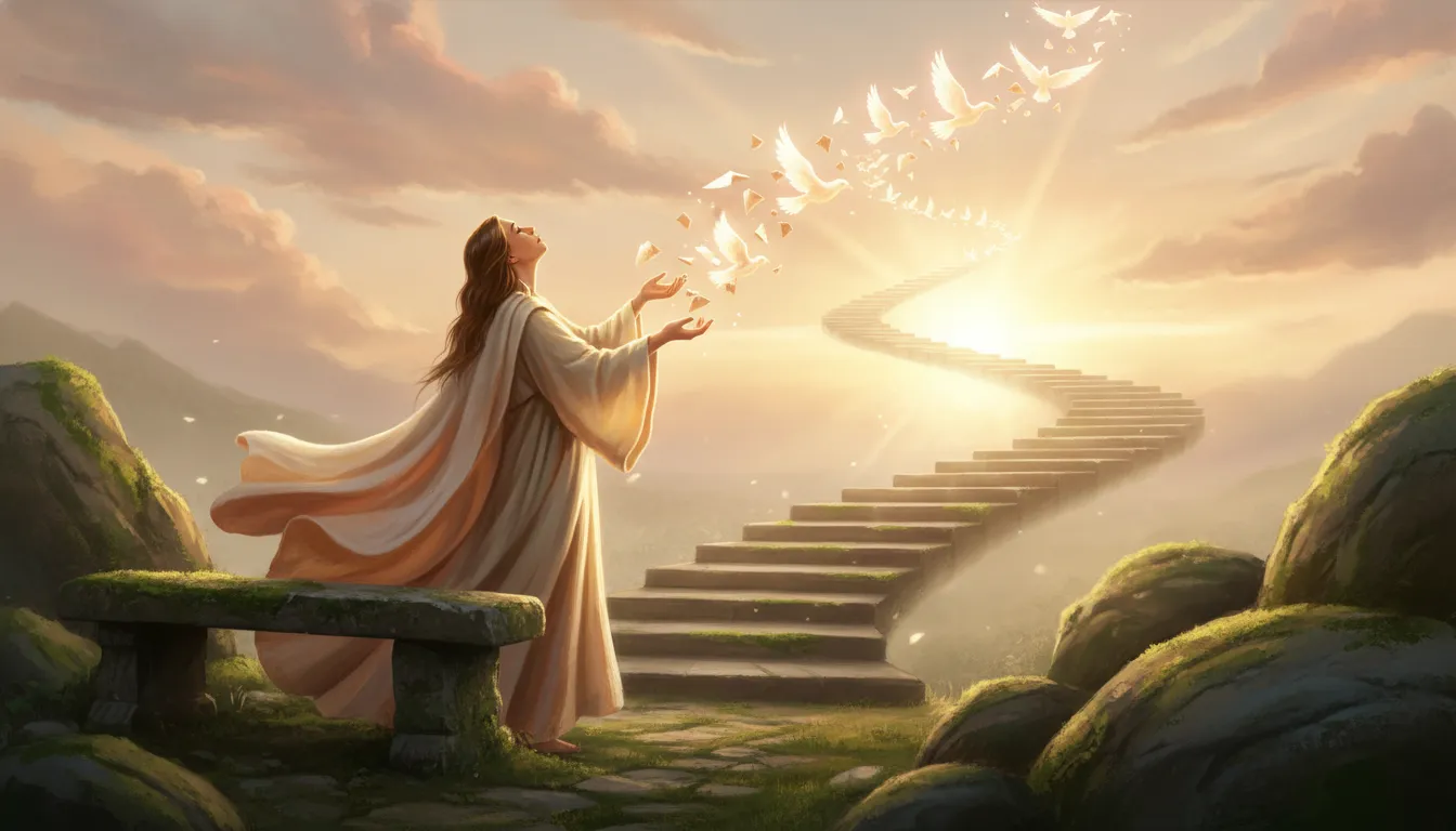 Persona che si rialza all'alba lasciando volare frammenti luminosi che si trasformano in uccelli, simbolo di lasciare andare e crescita
