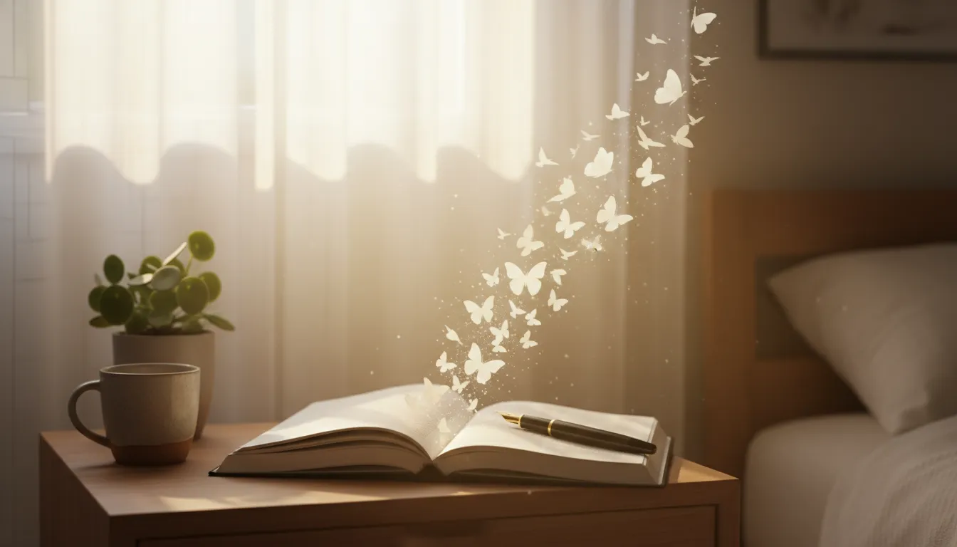 Taccuino aperto su un comodino al mattino con una penna e pagine che si trasformano in farfalle verso il sole, simbolo di rinnovamento e cambiamento per il nuovo anno 2026