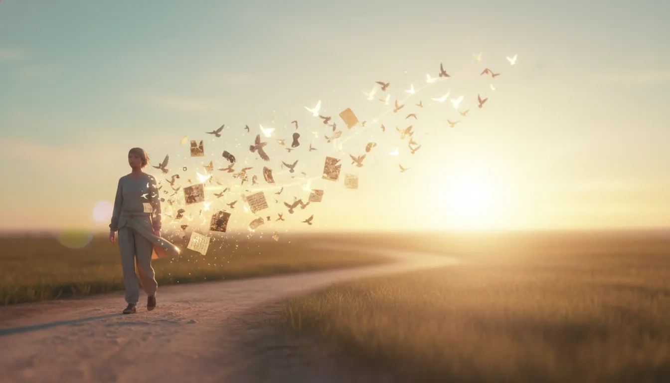 Persona che cammina verso un orizzonte luminoso mentre fotografie e ombre dietro di lei si dissolvono in uccelli di luce, simbolo di lasciare il passato e ritrovare il futuro