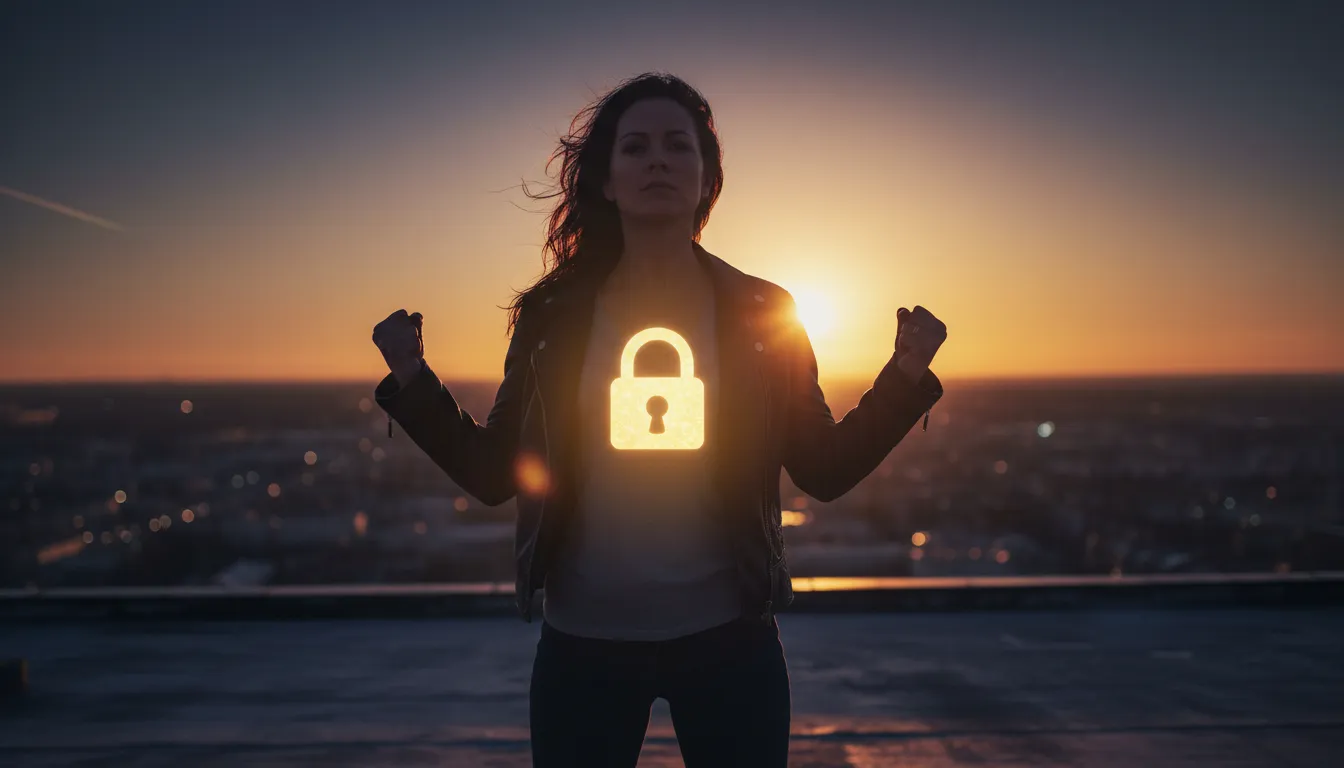 Persona determinata all'alba con un'aura a forma di lucchetto sul petto, atmosfera motivazionale e senso di focus per trasformare il 2026