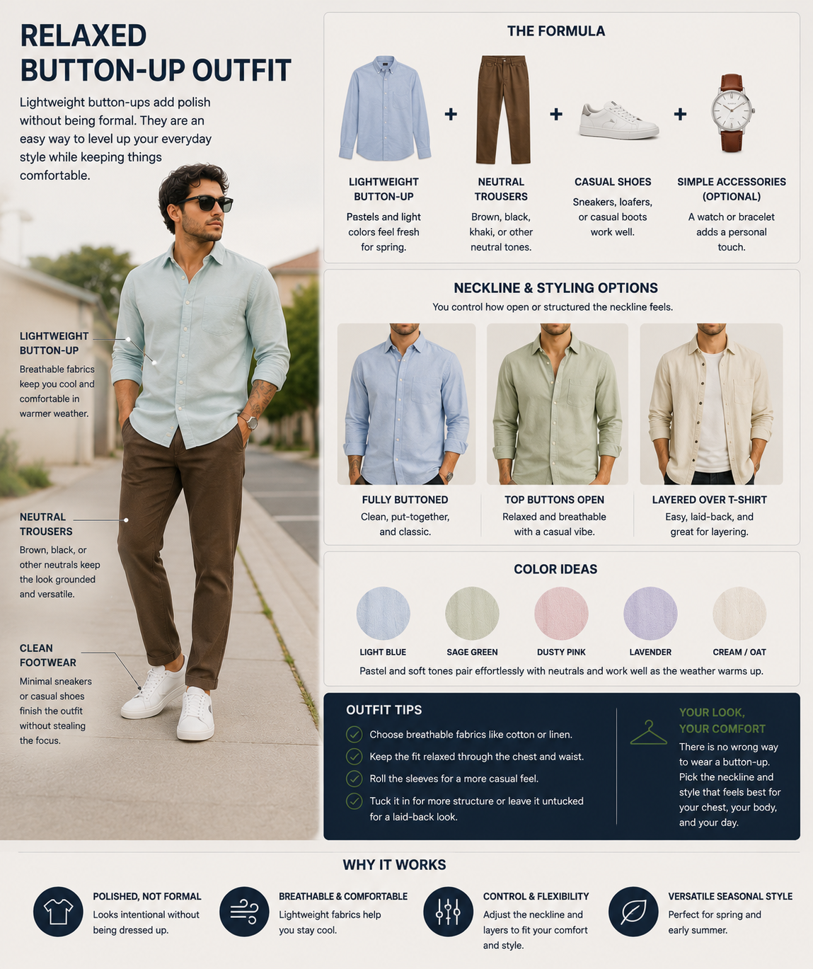 Relaxed button-up outfit infographic showing a man in a light green button-up shirt, brown trousers, and white sneakers, with fully buttoned, open-neck, and layered-over-a-T-shirt styling options.