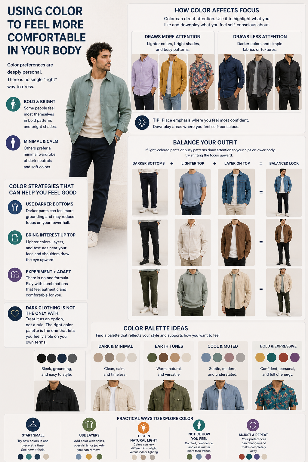 Color styling infographic showing men’s outfits in dark neutrals, earth tones, muted blues and greens, pastels, mustard, purple, and colorful patterns, with examples of using darker bottoms and lighter or more colorful tops to shift visual emphasis upward.
