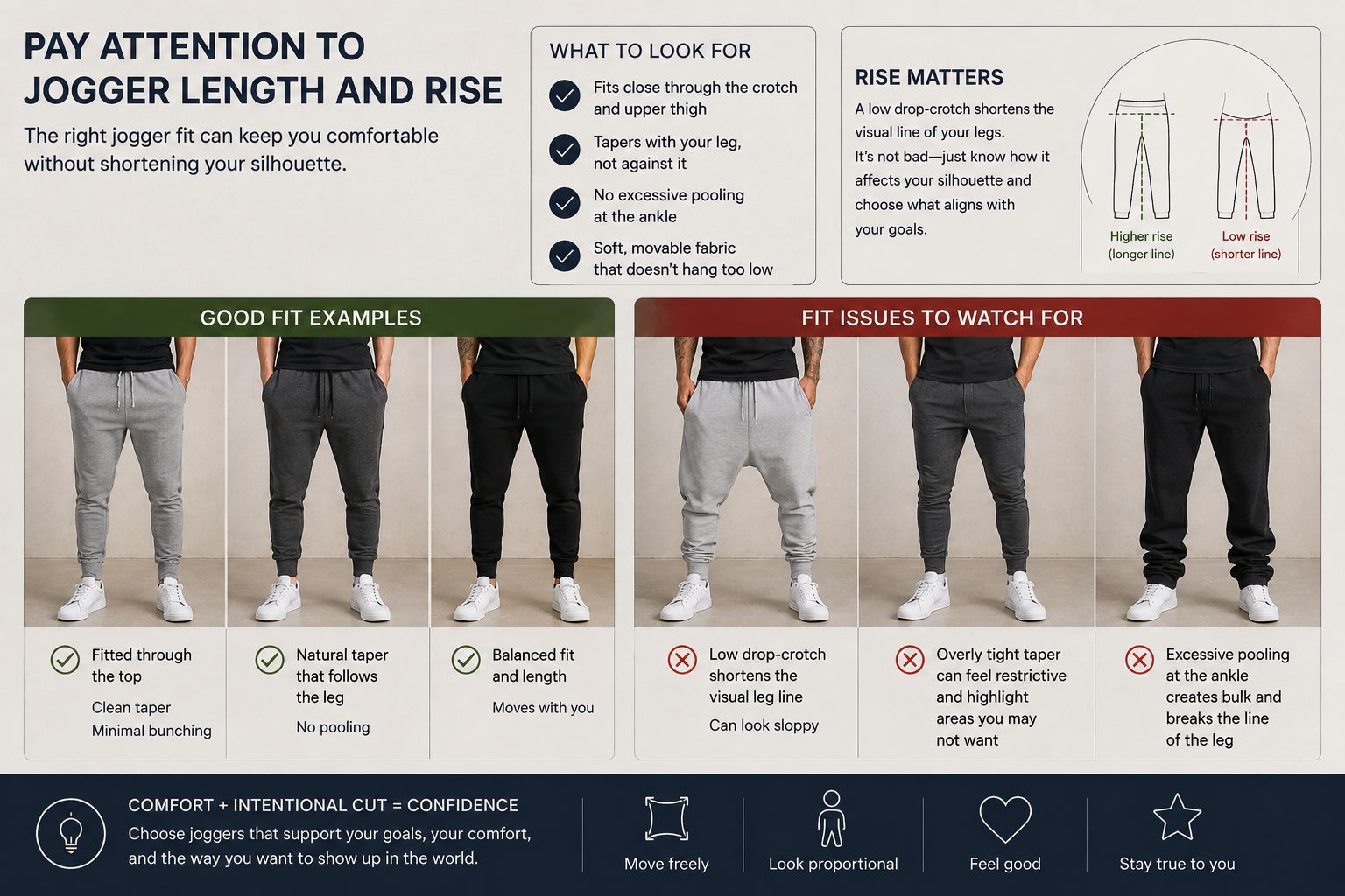 Jogger fit infographic comparing well-proportioned joggers with low drop-crotch, overly tight tapered, and ankle-pooling styles, with guidance on rise, taper, length, and comfort.