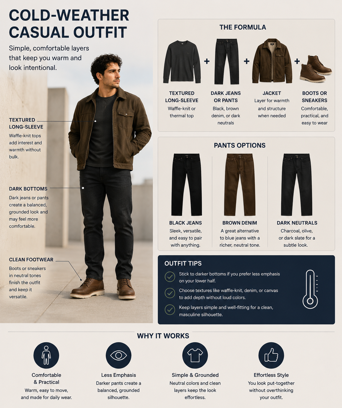 Cold-weather casual outfit infographic showing a man in dark jeans, a textured long-sleeve shirt, brown jacket, and boots, with black jeans, brown denim, and dark neutral pants as styling options.
