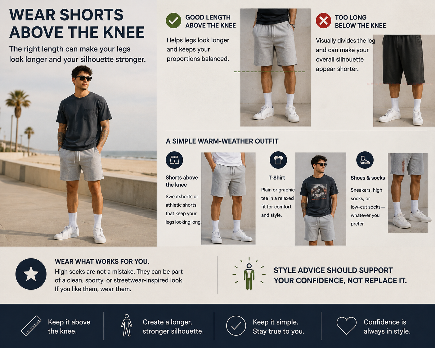 Men’s style infographic comparing above-the-knee shorts with longer below-the-knee shorts and showing a casual summer outfit with relaxed T-shirt, sneakers, and high socks.