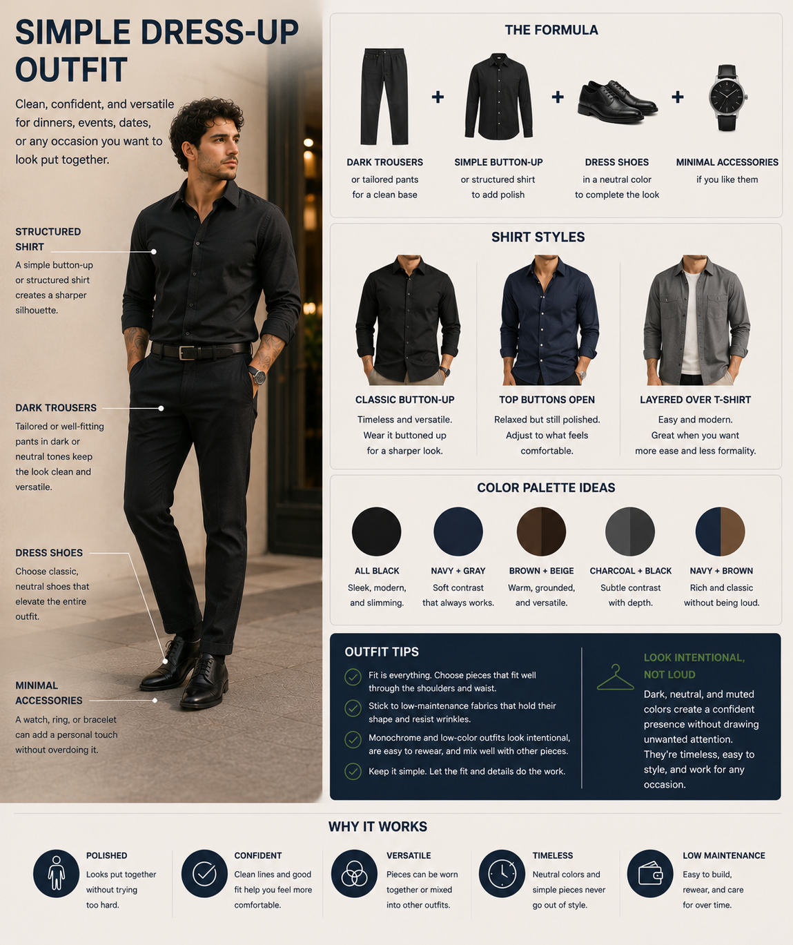 Simple dress-up outfit infographic showing a man in a black button-up shirt, dark tailored trousers, black dress shoes, and a watch, with examples of neutral shirt styles and monochrome color combinations.