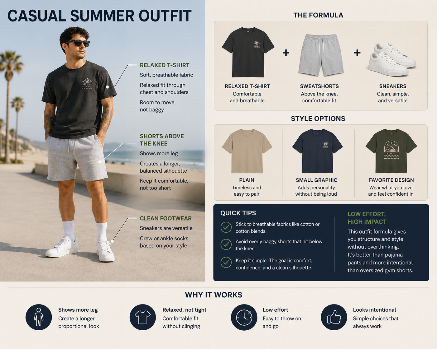 Casual summer outfit infographic showing a man wearing a relaxed T-shirt, above-the-knee sweatshorts, crew socks, and sneakers, with examples of simple T-shirt styles and fit tips.