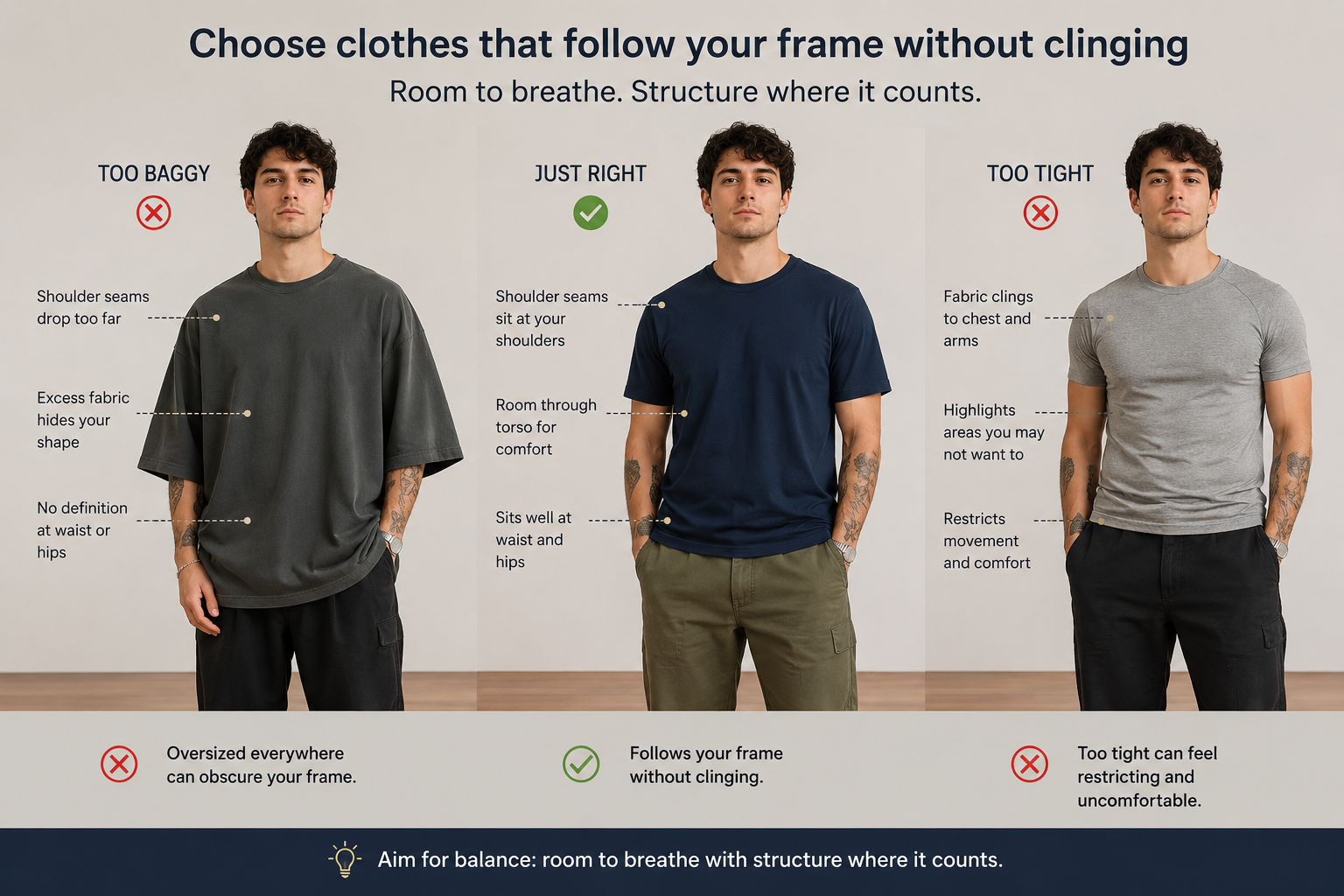 Three-panel comparison showing an oversized T-shirt, a balanced relaxed-fit T-shirt, and a tight-fitting T-shirt, illustrating how clothing can follow the body’s frame without clinging.