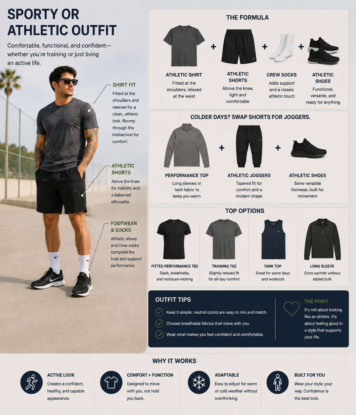 Sporty outfit infographic showing a man in a fitted athletic T-shirt, above-the-knee shorts, crew socks, and sneakers, with a cold-weather option featuring athletic joggers and a long-sleeve top.