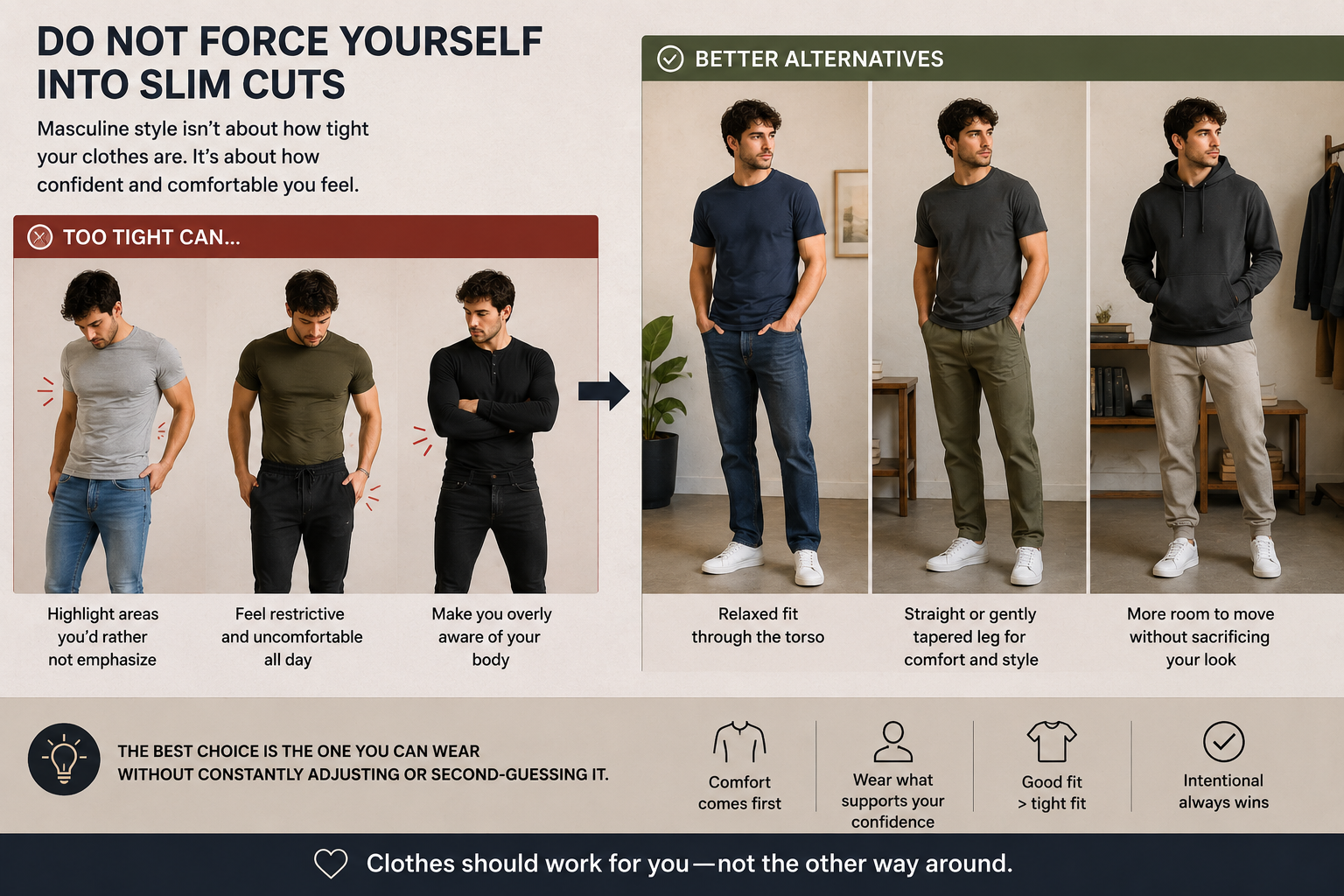 Fashion fit comparison showing tight, restrictive masculine clothing alongside relaxed, straight-leg, and gently tapered alternatives that provide more room and comfort.