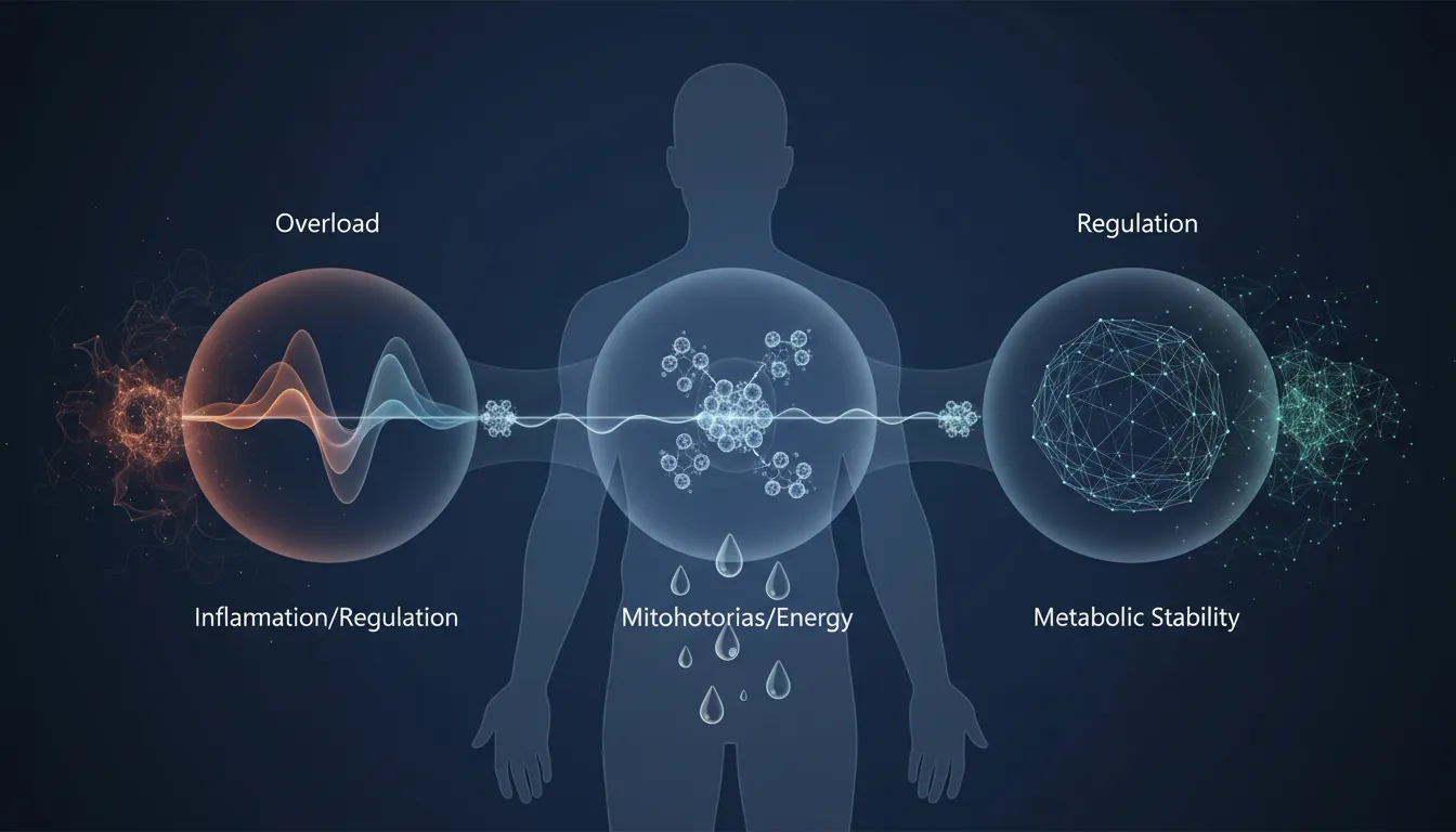 Abstrakte medizinische Illustration, die den Zusammenhang von Entzündungsregulation, Mitochondrien-Energie und stabilisiertem Stoffwechsel bei chronischer Müdigkeit und Long Covid visuell darstellt—ohne Text.