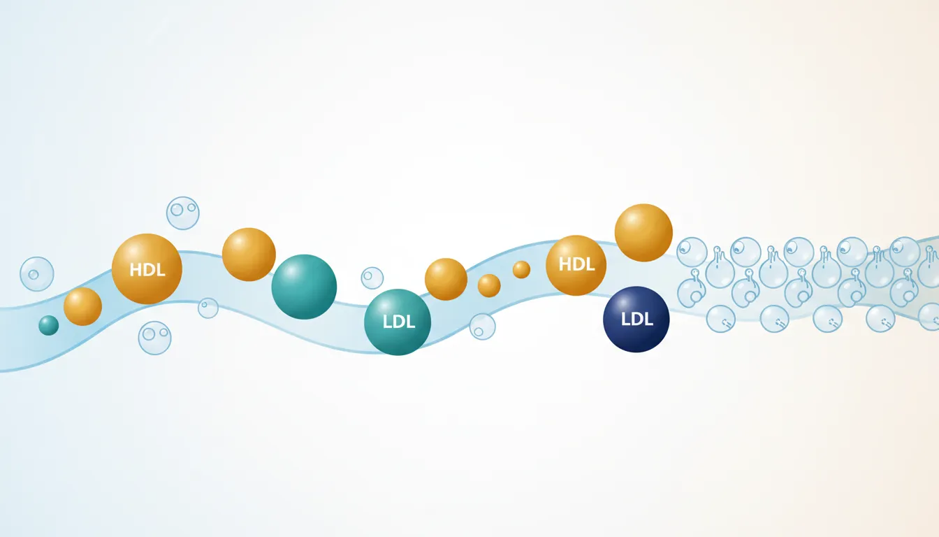 Illustration von HDL- und LDL-Lipoproteinen sowie Phospholipiden als visuelle Metapher für Transport- und Reinigungsprozesse im Blutkreislauf, ohne Text.
