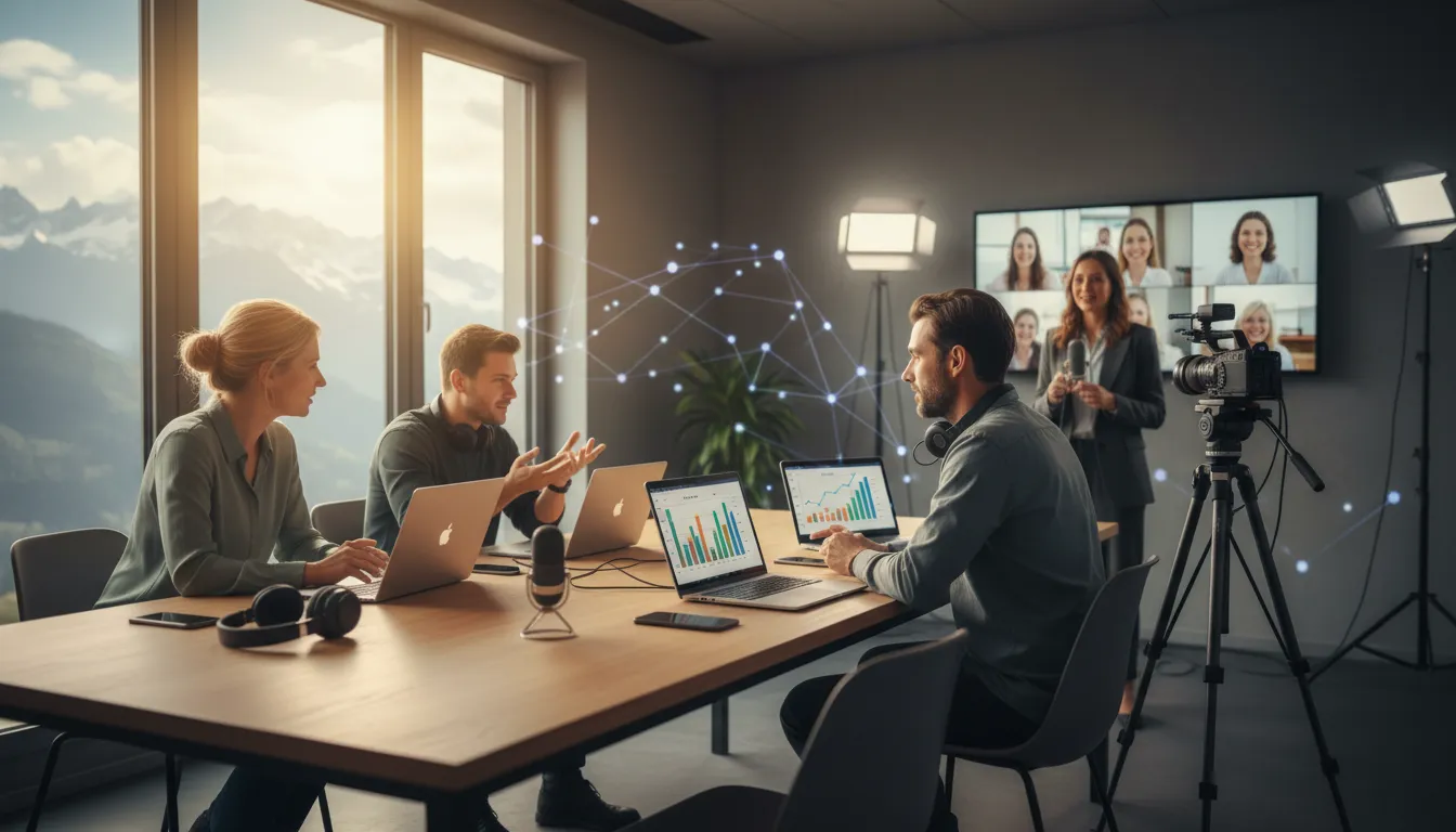 Hybrides Marketing-Set-up: TV-Studio/Arbeitsraum mit Kamera, Leuchten, Team, Laptops mit abstrakten Charts, Videocall auf großem Bildschirm und Bergsicht – symbolisiert Vermarktung, Community-Aufbau und digitale-analoge Strategie für Inspirin.Today/TV Oberwallis.