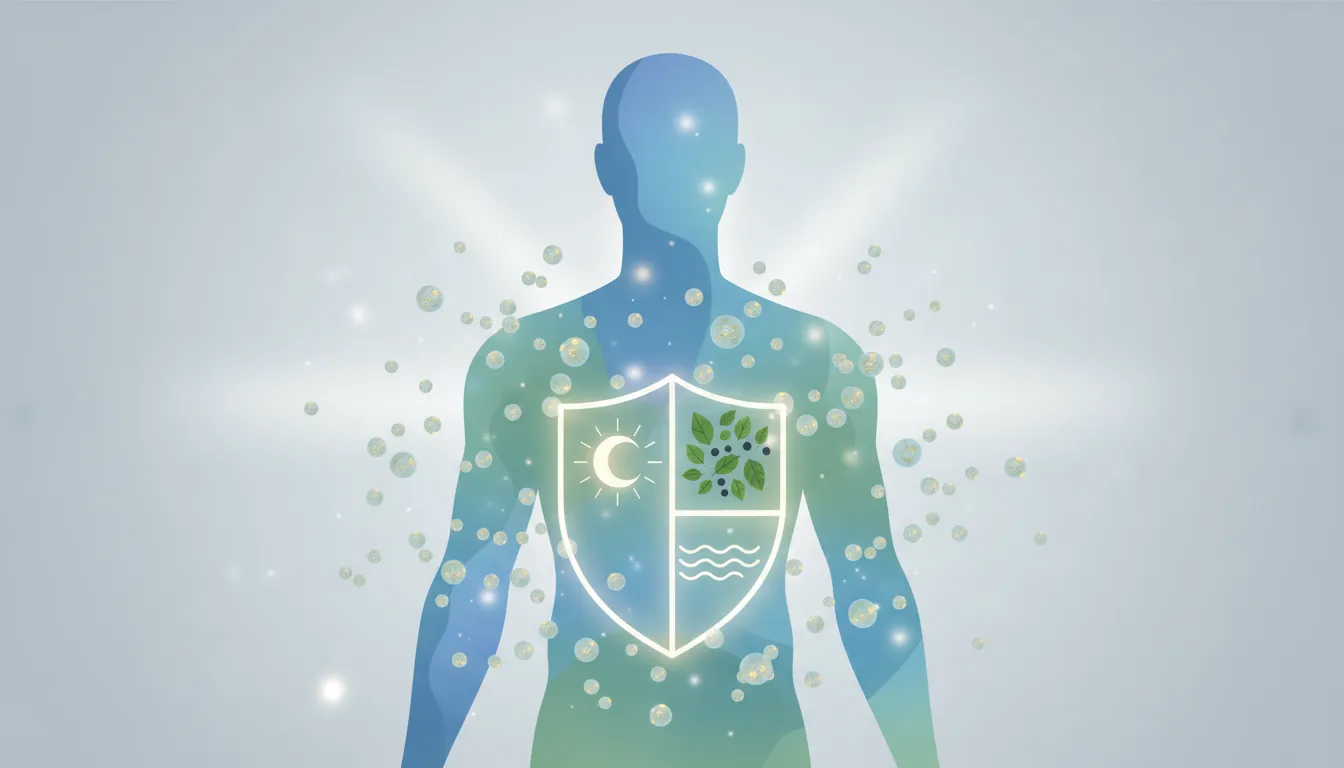 Illustration zur Krebsprävention: ein schützendes Immunsystem mit leuchtenden Abwehrzellen und symbolischer Balance von Schlaf, gesunder Ernährung und Stressregulation – ohne Text.