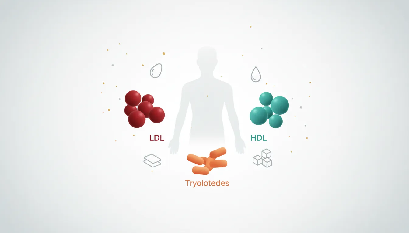 Illustration of a longevity-focused cholesterol concept showing LDL, HDL and triglycerides with diet and nutrient elements around a human silhouette, with no text.