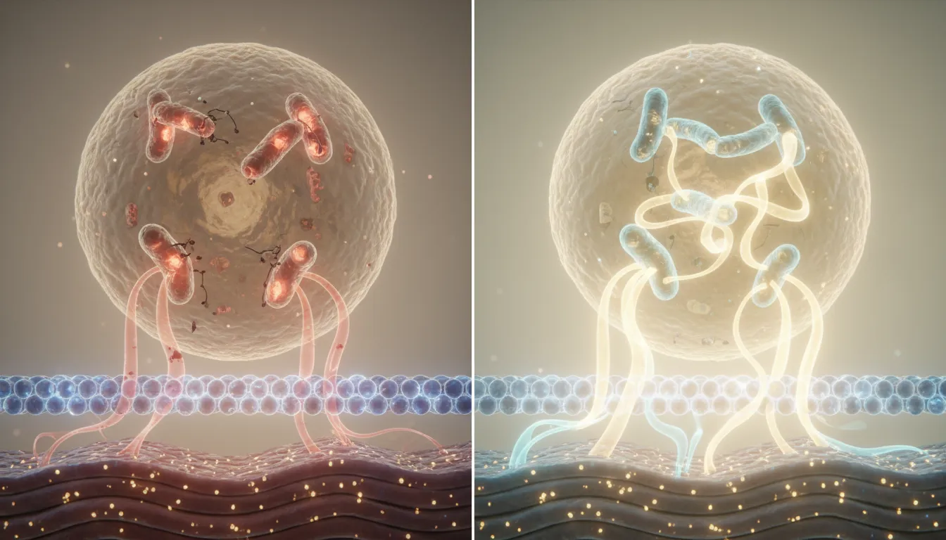 Illustration mit regenerierenden Mitochondrien, reduzierter Entzündung und intakter Zellmembran im Zellinneren, ohne Text.