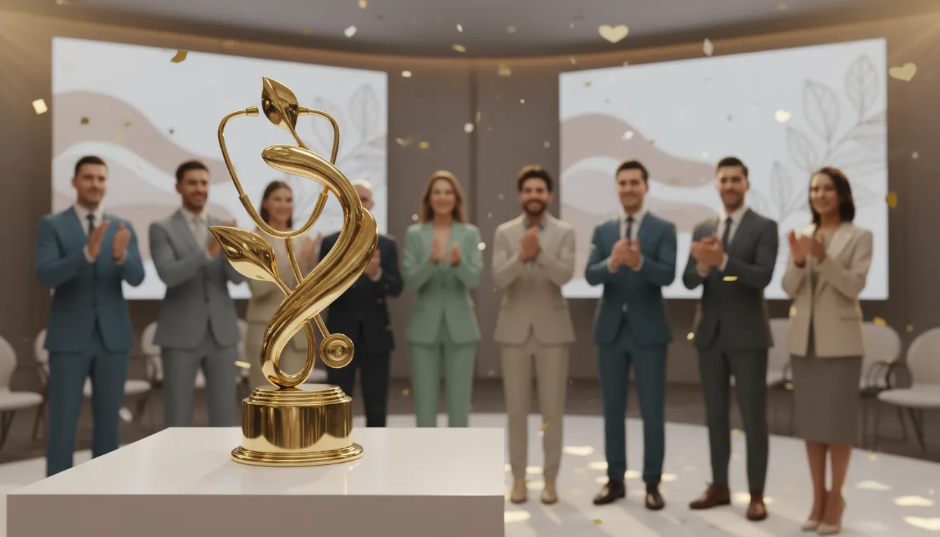 QS24-Team feiert HIPE Award 2025: Goldener Pokal auf moderner Bühne, diverse Fachleute applaudieren — Symbol für ganzheitliche Gesundheitskompetenz