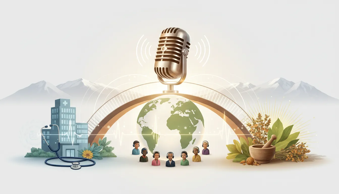 Microphone bridge over a globe connecting a clinical scene and a natural herbal scene, symbolizing QS24 Swiss Health Radio uniting conventional and holistic medicine.