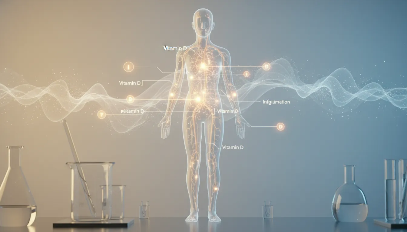 Medizinische Visualisierung des Vitamin-D-Gleichgewichts im Zusammenspiel von Laborwerten und Stoffwechselwegen ohne Text.