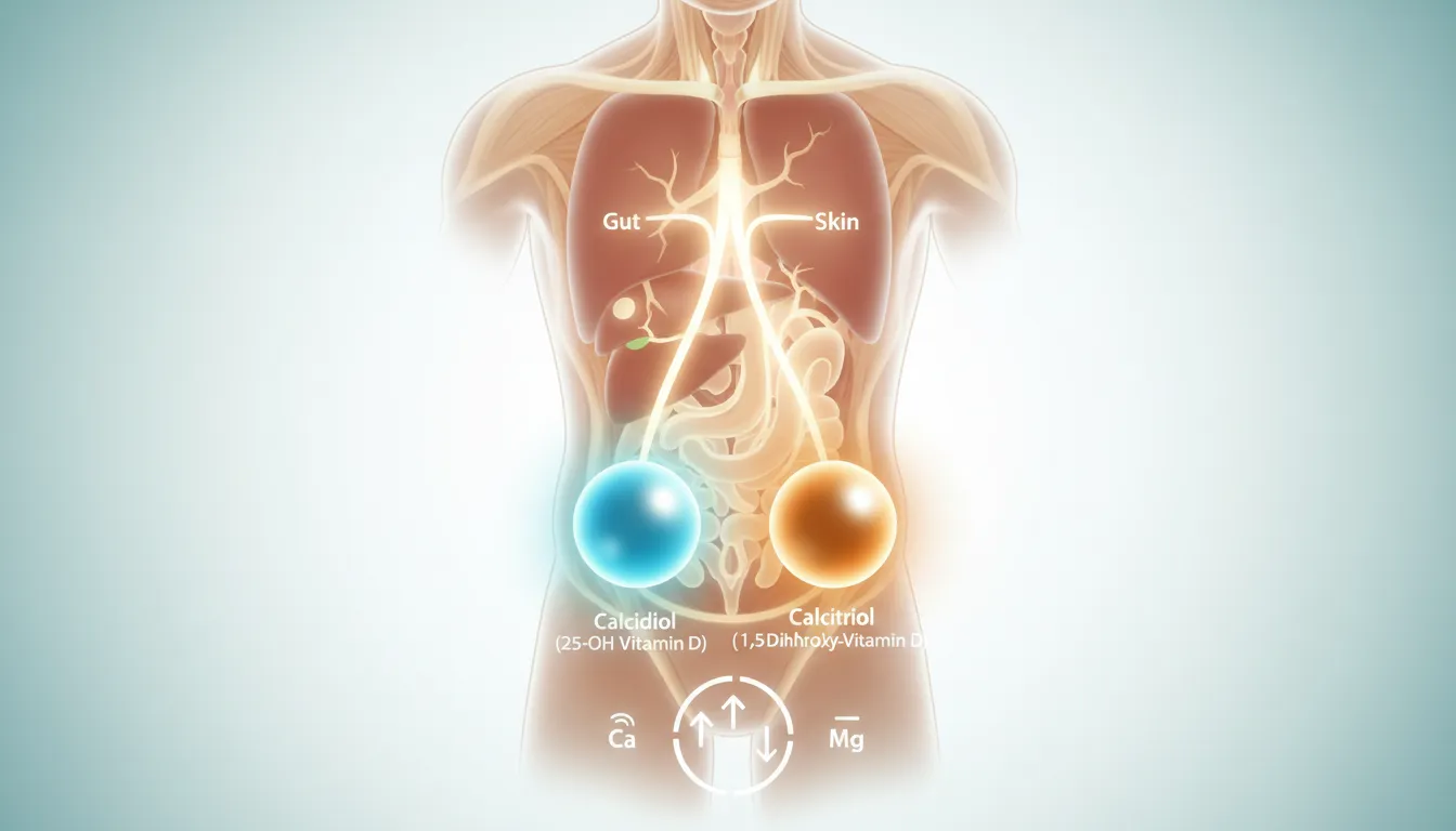 Medizinische Darstellung des Vitamin-D-Stoffwechsels mit ausgewogener Ratio zwischen Calcidiol und Calcitriol, ohne Text