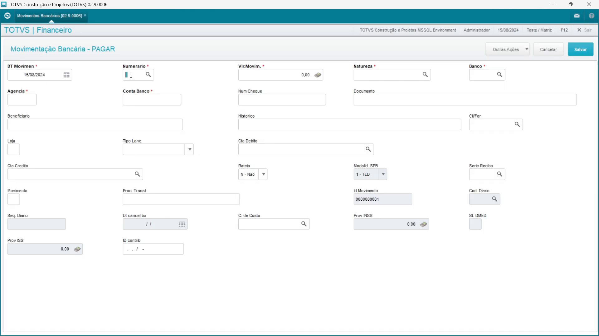 Registro de movimentação bancária Totvs Protheus