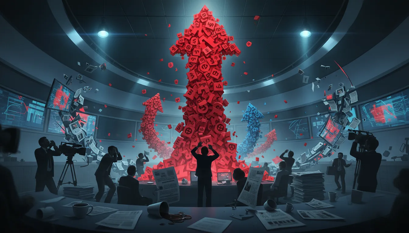 Symbolische Illustration: Ein aufsteigender roter Pfeil aus Stimmzetteln überragt kleinere Pfeile; im Hintergrund ein panischer Newsroom mit erschrockenen Journalistensilhouetten und wirbelnden Zeitungen – symbolisiert starken Umfragezuwachs der AfD und Medienpanik in Deutschland.