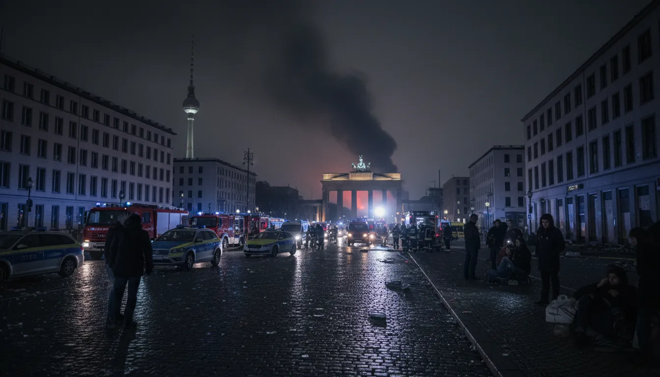 Dunkles Berliner Stadtbild bei Blackout nach Anschlag mit Fernsehturm und Brandenburger Tor in Silhouette, Einsatzfahrzeugen, Rauch und besorgten Menschen