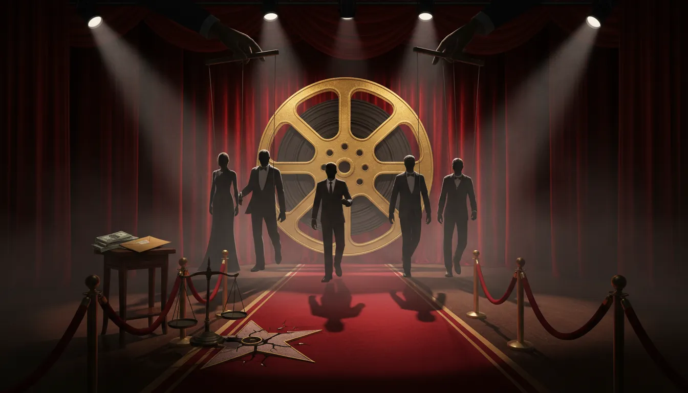 Symbolische Filmbühne mit Schattenhänden, Marionettenfiguren, Geld und gekippten Waagen – Hollywoods System aus Geld, Macht und Schutz