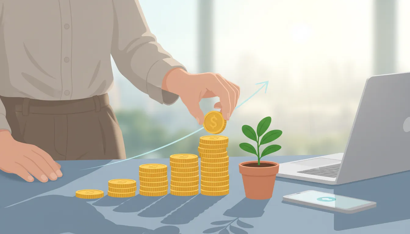 Symbolische Illustration: Person legt Münze auf wachsenden Münzstapel neben Keimling und dezent aufsteigender Linie – Einstieg ins Investieren 2026, einfach und langfristig