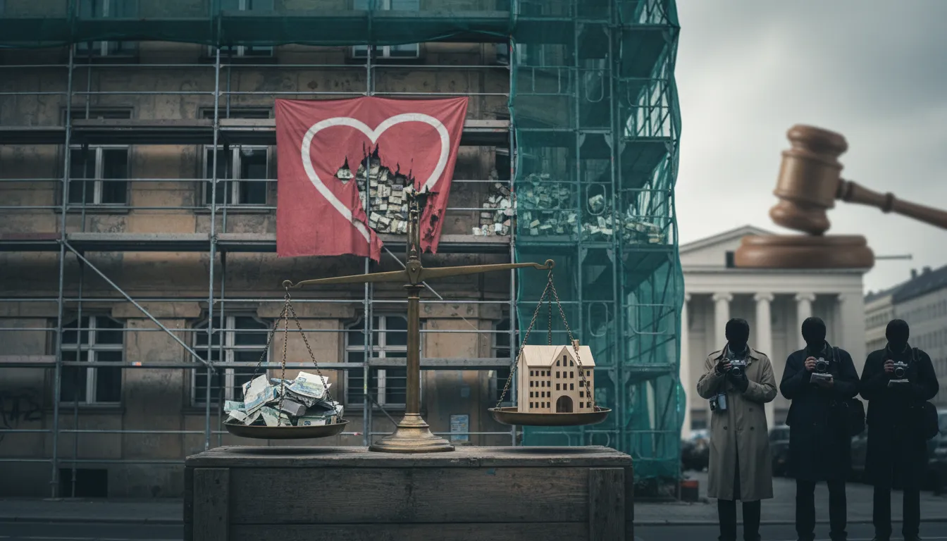 Berliner Altbau in Kreuzberg mit Gerüst, halbzerissenes Herzbanner offenbart versteckte Geldbündel; Waage wägt Hausmodell gegen Bargeld – Symbol für Fördergeldskandal und Rückzahlung.