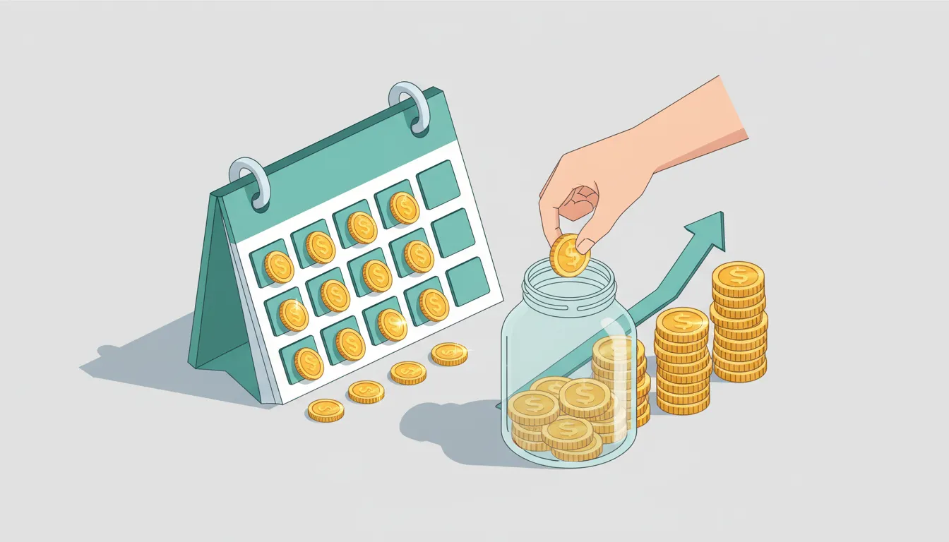 Minimalistische Illustration: Wandkalender mit goldenen Münzen, die monatlich in ein klares Sparglas fließen, daneben wachsende Münzstapel und ein dezenter Anstiegspfeil – Symbol für stabilen monatlichen Dividenden-Cashflow