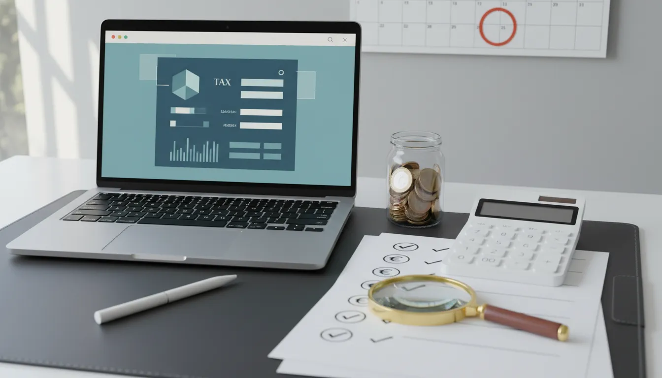 Schreibtisch mit Laptop, Taschenrechner, Aktenstapel, Münzen und markiertem Kalender – Symbolbild für Steuererklärung 2025/2026 und mögliche Rückerstattung