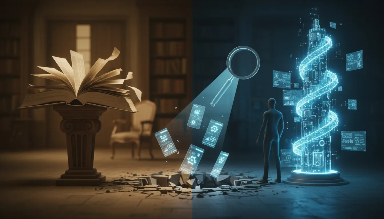 Symbolische Illustration: links ein warm beleuchtetes, aufgeschlagenes Enzyklopädie-Buch, rechts ein leuchtender futuristischer Daten-Turm mit schwebenden Suchergebnis-Karten, dazwischen eine Lupe und gebrochene Säulen als Zeichen des Wettbewerbs
