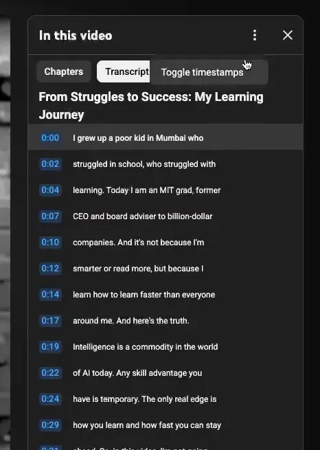 YouTube watch page showing the transcript pane with a visible 'Toggle timestamps' button in the right sidebar and timestamps shown.
