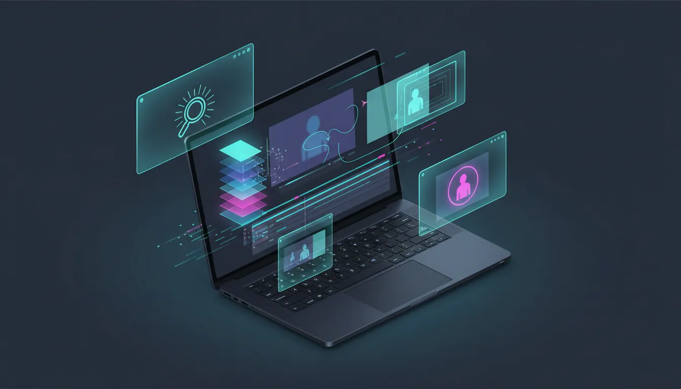 Illustration of AI-assisted video editing workflow with glowing assistive and generative effects around a creator’s workstation