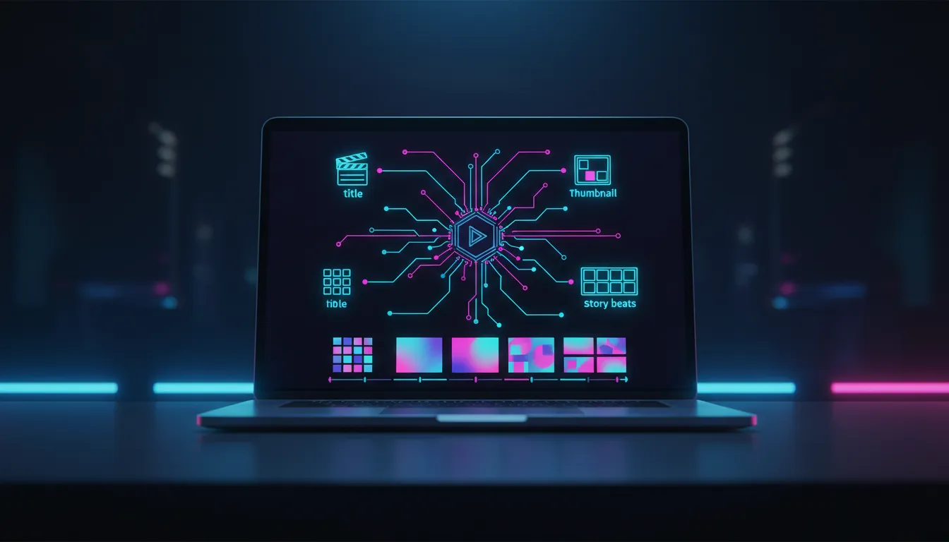 AI-powered workflow illustration showing interconnected nodes leading to YouTube title, thumbnail, and story beat concepts using icons and a glowing tech timeline.