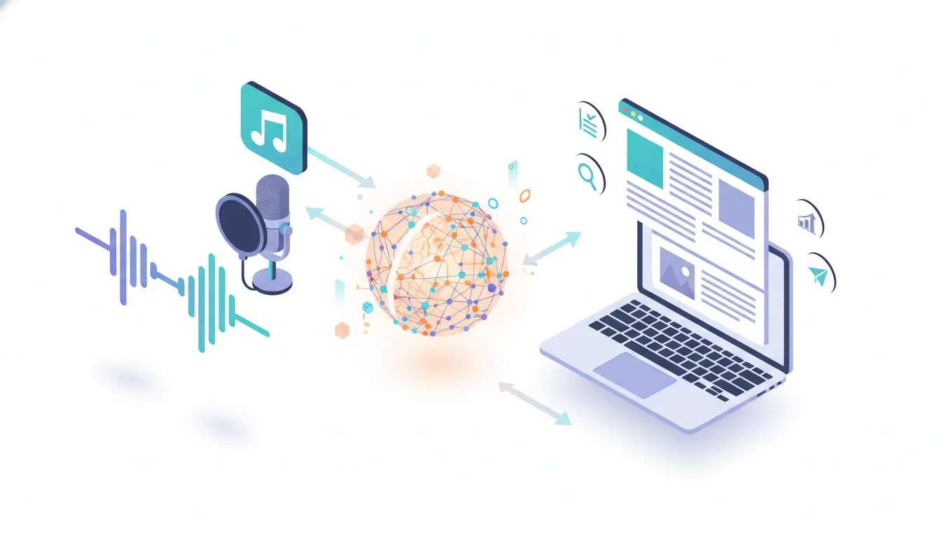 Isometric illustration of an audio file and microphone transforming through a glowing AI brain into a formatted blog post on a laptop, with SEO and publish icons.