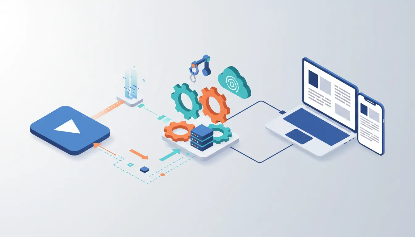 Isometric illustration of an automated pipeline converting a generic video player into a blog post on laptop and smartphone with cloud, gears and arrows