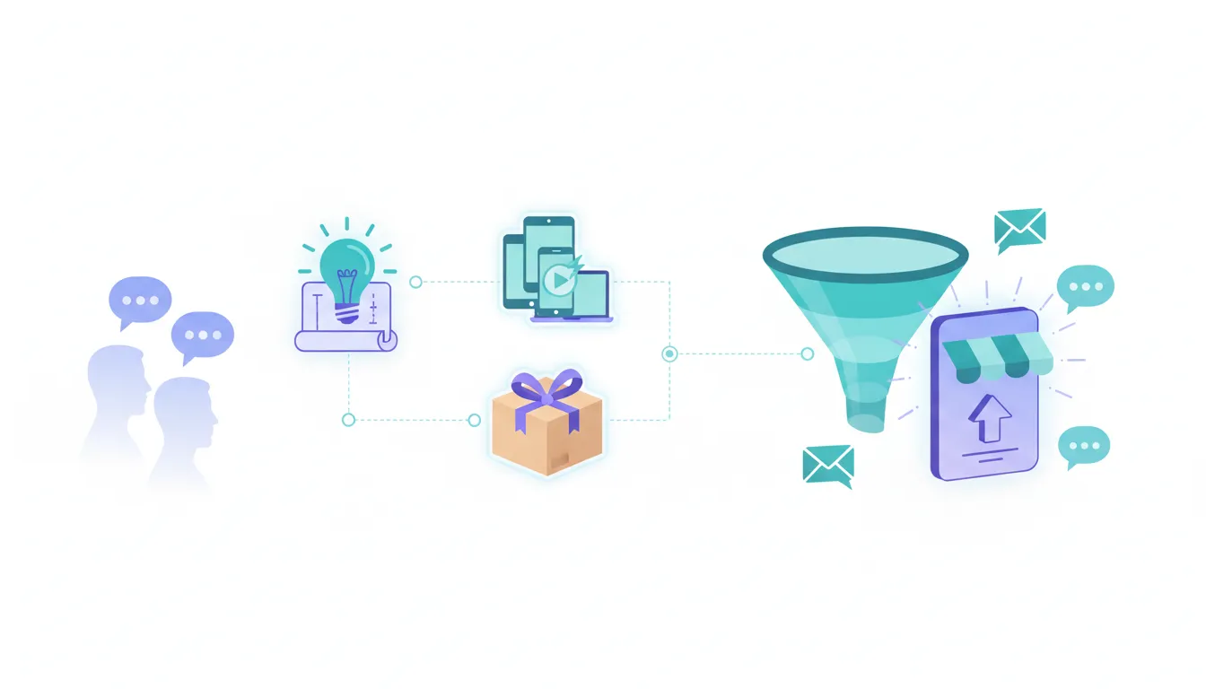 Illustration showing choosing between a digital or physical product and launching it through an online sales funnel