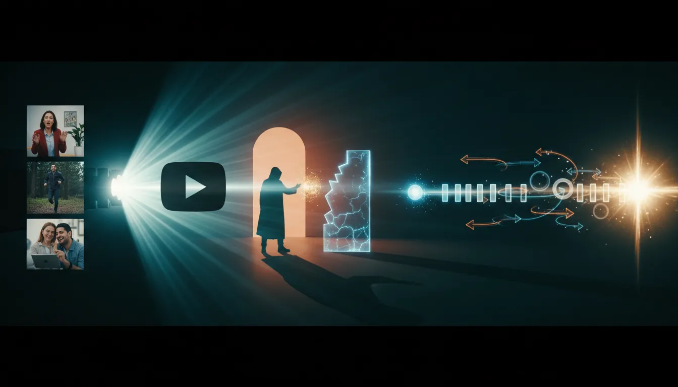 Cinematic illustration showing three story mechanics for YouTube retention: characters in action, intention blocked by an obstacle, and a light-trail chain reaction from cause to effect.