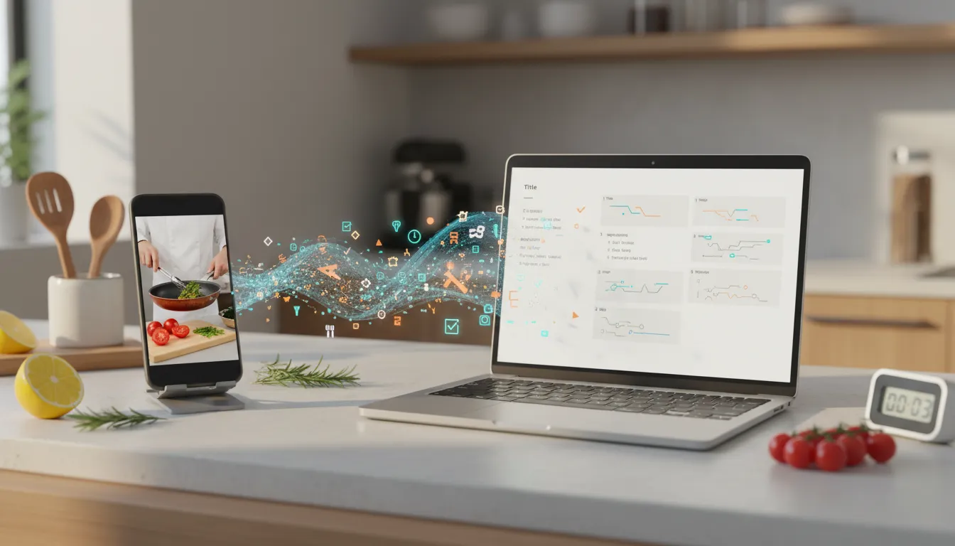 Kitchen scene where a cooking clip on a smartphone transforms via AI into a formatted recipe on a laptop