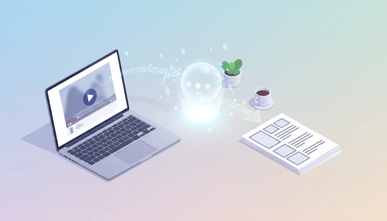 Isometric illustration of a laptop showing a video and waveform on the left, a glowing AI orb in the center, and a clean document layout on the right connected by a particle arrow, symbolizing converting a video into a blog post with AI