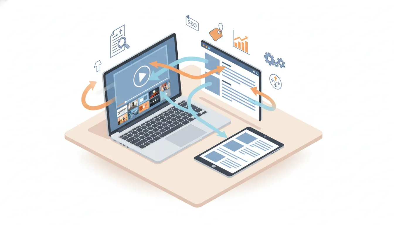 Vector illustration of a laptop converting a video player into a structured blog post with arrows, thumbnails and SEO icons (magnifying glass, upward graph, export arrows).