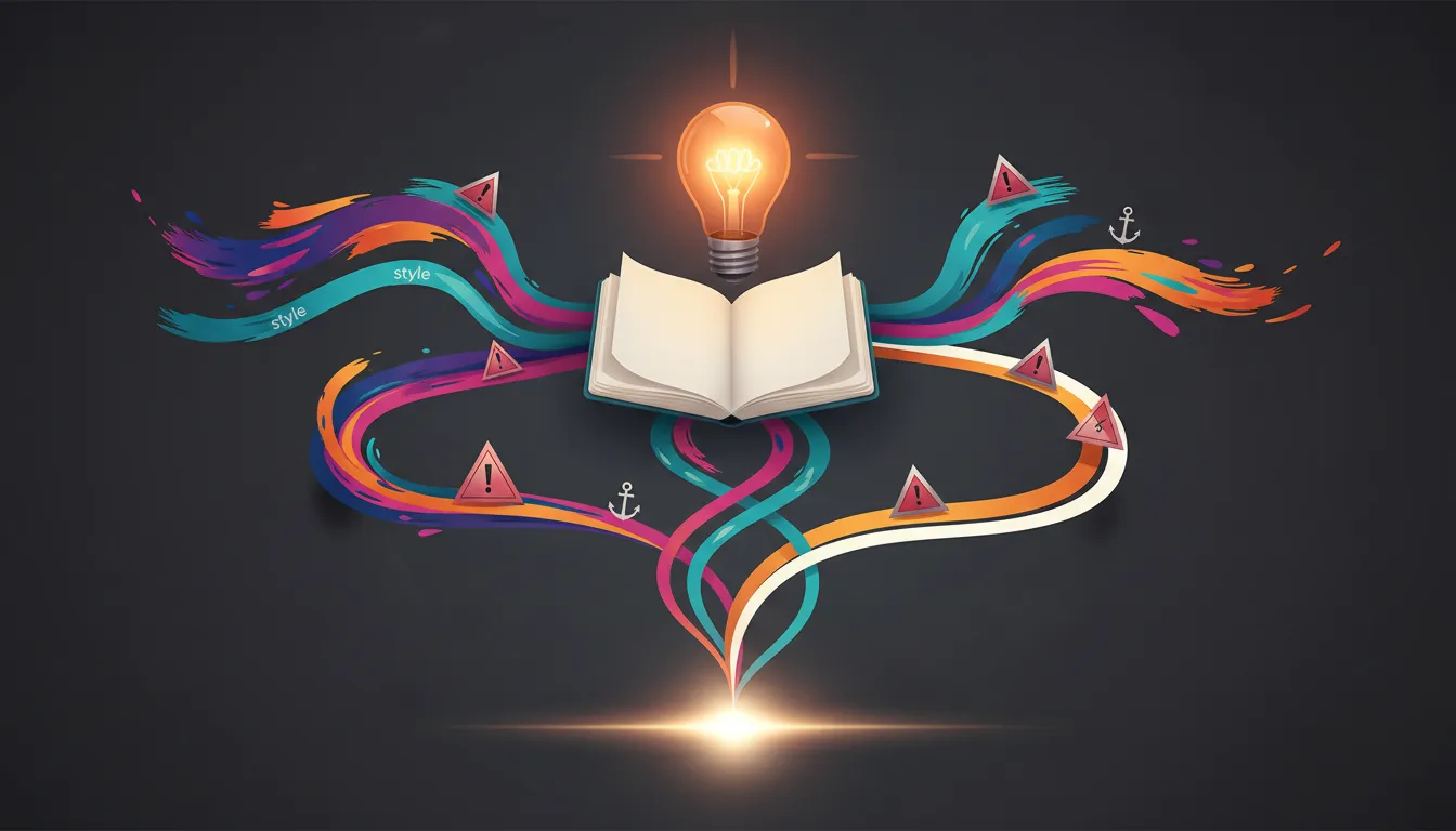 Abstract illustration representing creating something new and telling better stories, with a glowing lightbulb, an open notebook, and branching paths converging into a clear focal point.