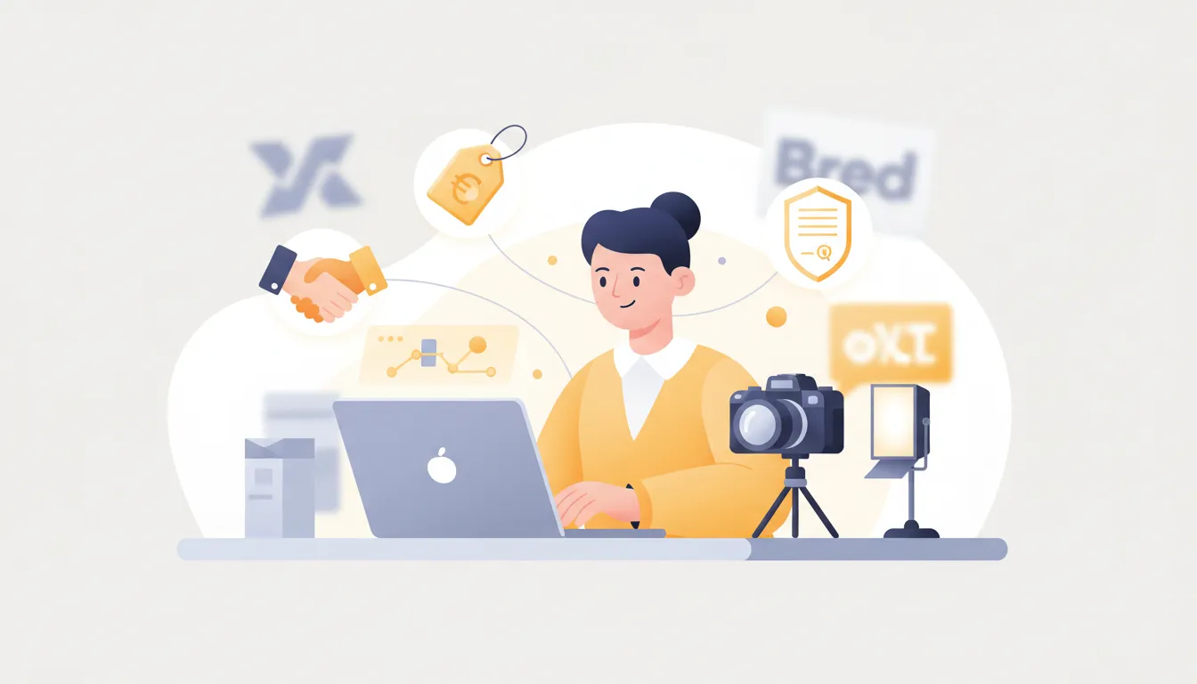 Illustration of a creator negotiating a brand partnership with icons for handshake, rates, and a contract shield—no text.