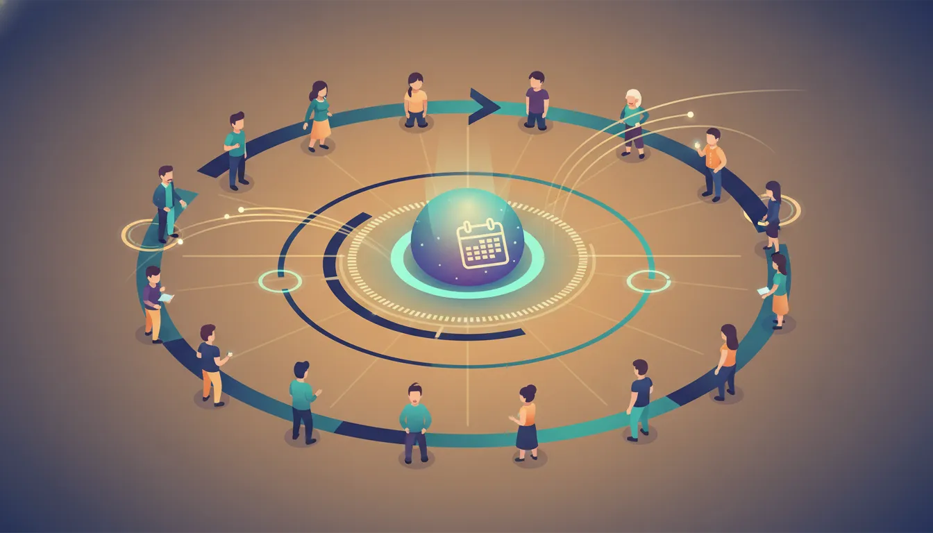 Illustration of a welcoming creator community hub with connected members and circular recurring motifs symbolizing membership retention and recurring revenue