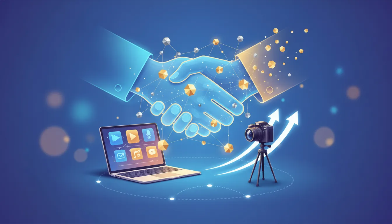 Illustration of creator venture capital concept with a creator studio, glowing network nodes, and a subtle handshake symbolizing minority equity investment and guidance.