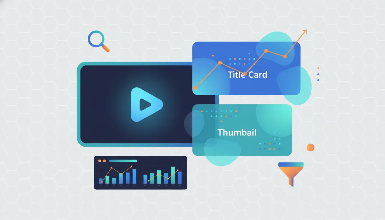 Abstract illustration of a data-driven YouTube title and thumbnail workflow with analytics and audience intent cues, without any text