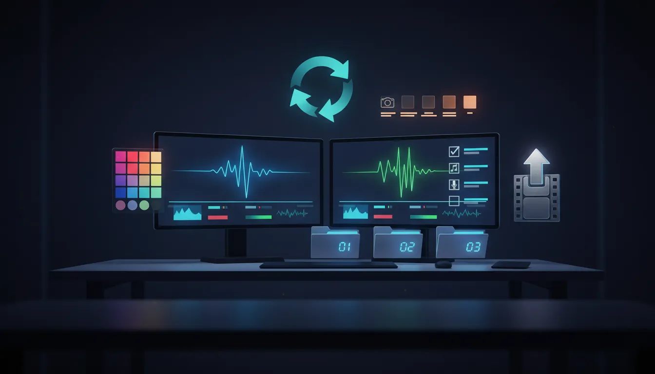 Sleek illustration of a streamlined YouTube video editing workflow with timeline, waveform, color grading, preset icons, and a final export flow—no text.